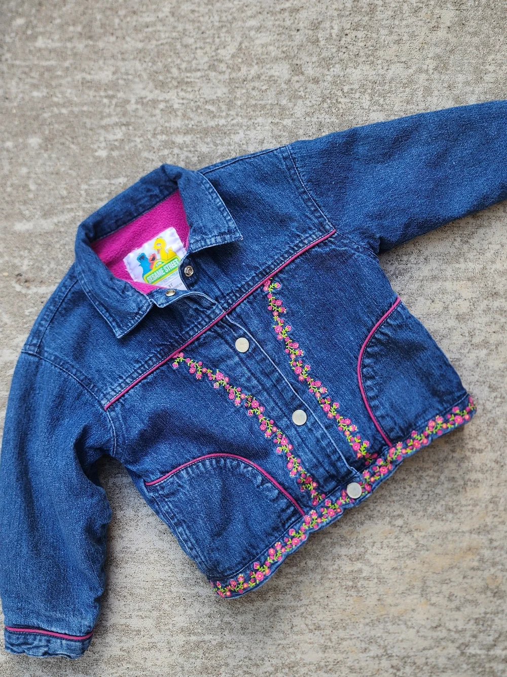 VTG Sesame Street Y2K Kid Girl Blue Denim Jacket, Pink Floral Cottage Trim Sz 3T